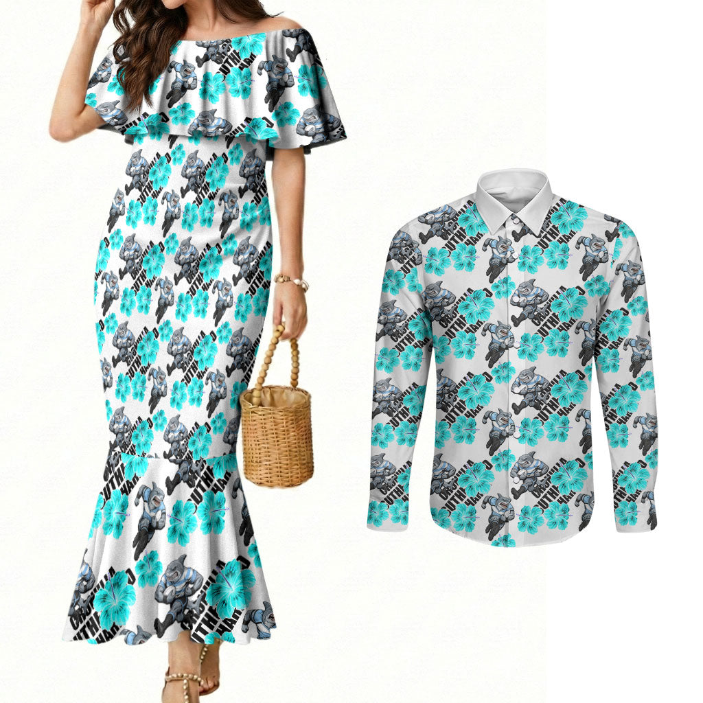 Cronulla-Sutherland Sharks Couples Matching Mermaid Dress and Long Sleeve Button Shirt Tropical Hibiscus Floral Seamless Rugby Mascot