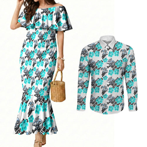 Cronulla-Sutherland Sharks Couples Matching Mermaid Dress and Long Sleeve Button Shirt Tropical Hibiscus Floral Seamless Rugby Mascot