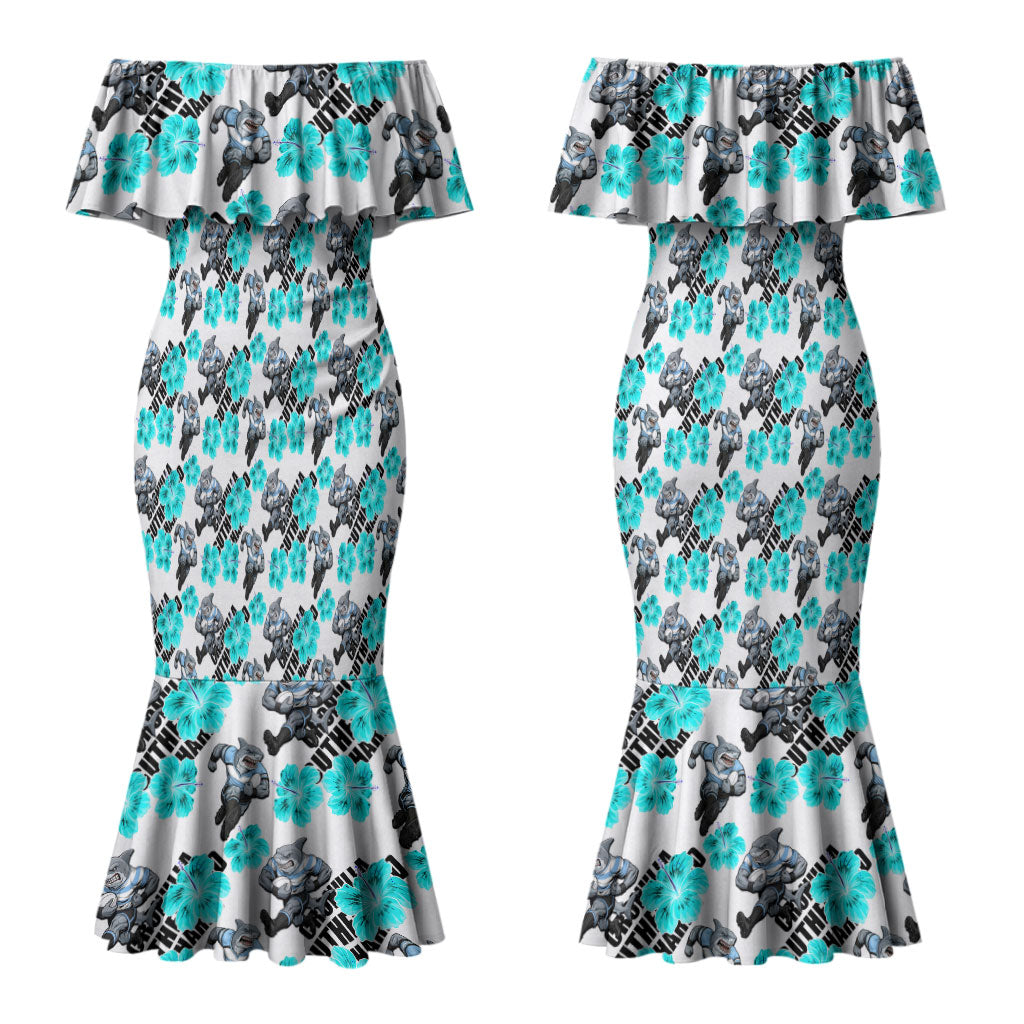 Cronulla-Sutherland Sharks Couples Matching Mermaid Dress and Long Sleeve Button Shirt Tropical Hibiscus Floral Seamless Rugby Mascot