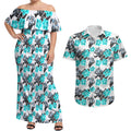 Cronulla-Sutherland Sharks Couples Matching Off Shoulder Maxi Dress and Hawaiian Shirt Tropical Hibiscus Floral Seamless Rugby Mascot