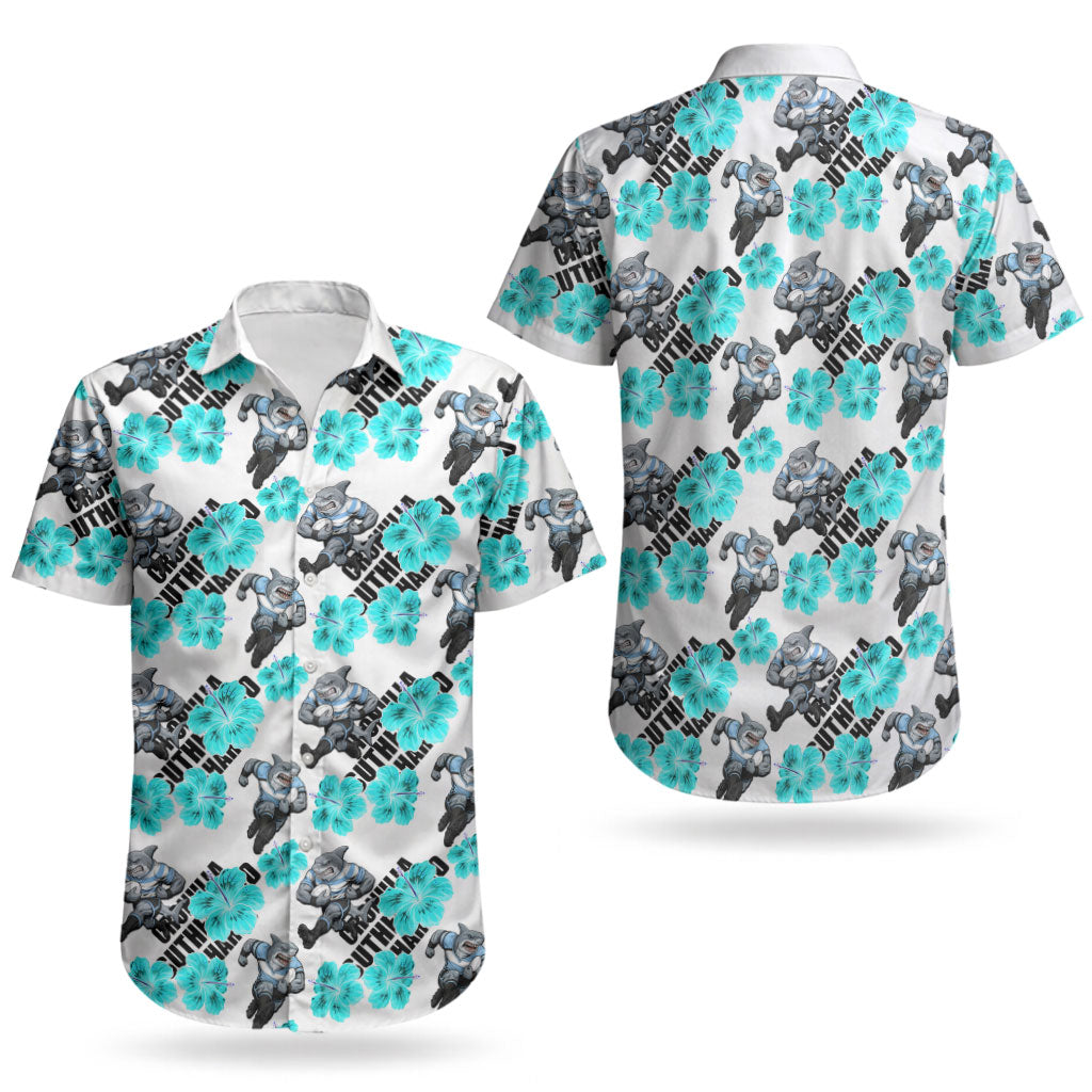 Cronulla-Sutherland Sharks Couples Matching Off Shoulder Maxi Dress and Hawaiian Shirt Tropical Hibiscus Floral Seamless Rugby Mascot