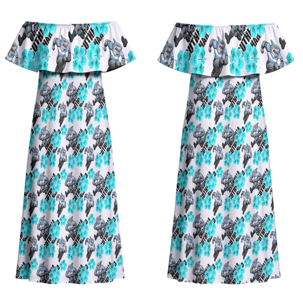 Cronulla-Sutherland Sharks Couples Matching Off Shoulder Maxi Dress and Hawaiian Shirt Tropical Hibiscus Floral Seamless Rugby Mascot