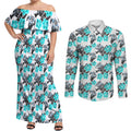 Cronulla-Sutherland Sharks Couples Matching Off Shoulder Maxi Dress and Long Sleeve Button Shirt Tropical Hibiscus Floral Seamless Rugby Mascot