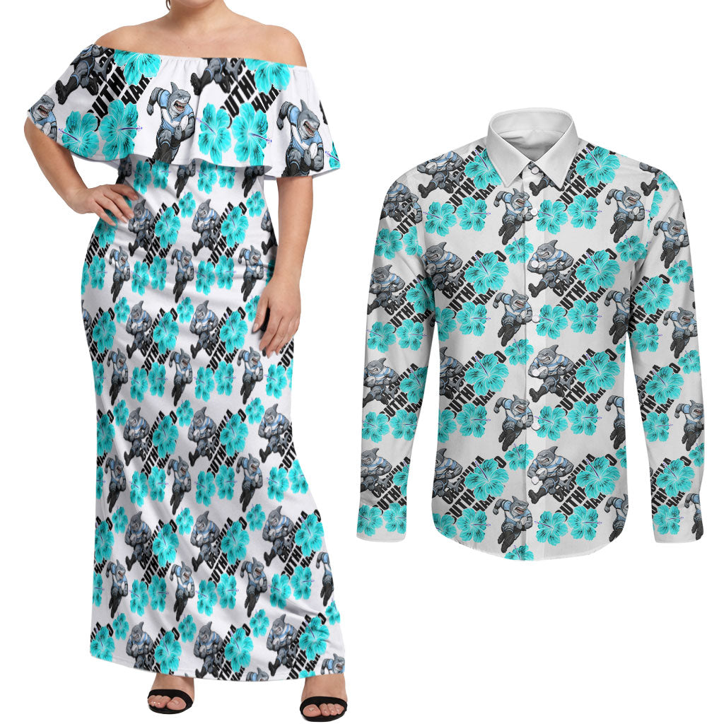 Cronulla-Sutherland Sharks Couples Matching Off Shoulder Maxi Dress and Long Sleeve Button Shirt Tropical Hibiscus Floral Seamless Rugby Mascot