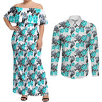 Cronulla-Sutherland Sharks Couples Matching Off Shoulder Maxi Dress and Long Sleeve Button Shirt Tropical Hibiscus Floral Seamless Rugby Mascot
