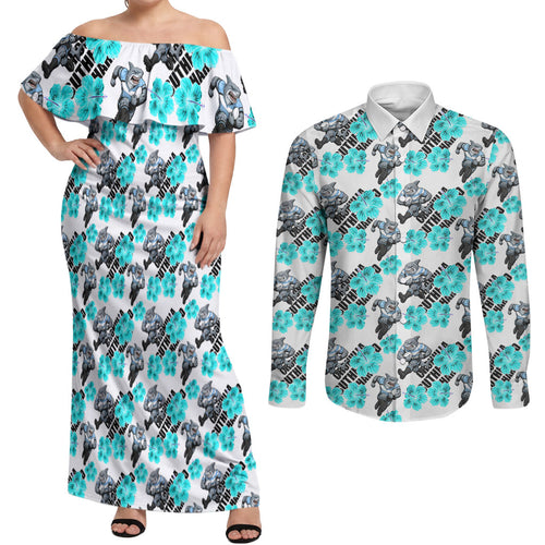 Cronulla-Sutherland Sharks Couples Matching Off Shoulder Maxi Dress and Long Sleeve Button Shirt Tropical Hibiscus Floral Seamless Rugby Mascot
