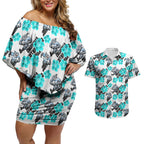 Cronulla-Sutherland Sharks Couples Matching Off Shoulder Short Dress and Hawaiian Shirt Tropical Hibiscus Floral Seamless Rugby Mascot