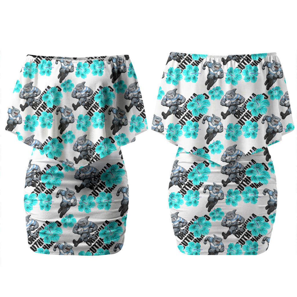 Cronulla-Sutherland Sharks Couples Matching Off Shoulder Short Dress and Hawaiian Shirt Tropical Hibiscus Floral Seamless Rugby Mascot