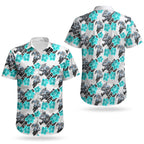 Cronulla-Sutherland Sharks Couples Matching Off Shoulder Short Dress and Hawaiian Shirt Tropical Hibiscus Floral Seamless Rugby Mascot