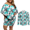 Cronulla-Sutherland Sharks Couples Matching Off Shoulder Short Dress and Long Sleeve Button Shirt Tropical Hibiscus Floral Seamless Rugby Mascot