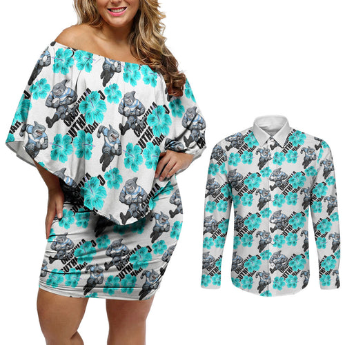 Cronulla-Sutherland Sharks Couples Matching Off Shoulder Short Dress and Long Sleeve Button Shirt Tropical Hibiscus Floral Seamless Rugby Mascot