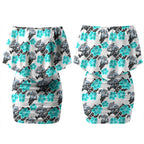 Cronulla-Sutherland Sharks Couples Matching Off Shoulder Short Dress and Long Sleeve Button Shirt Tropical Hibiscus Floral Seamless Rugby Mascot