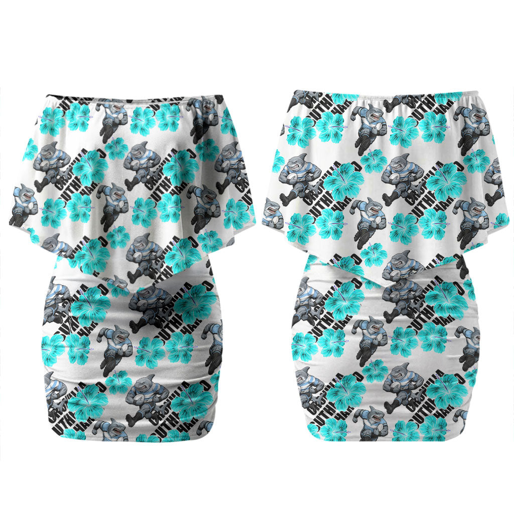 Cronulla-Sutherland Sharks Couples Matching Off Shoulder Short Dress and Long Sleeve Button Shirt Tropical Hibiscus Floral Seamless Rugby Mascot