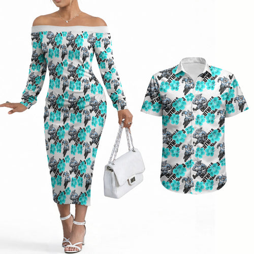 Cronulla-Sutherland Sharks Couples Matching Off The Shoulder Long Sleeve Dress and Hawaiian Shirt Tropical Hibiscus Floral Seamless Rugby Mascot