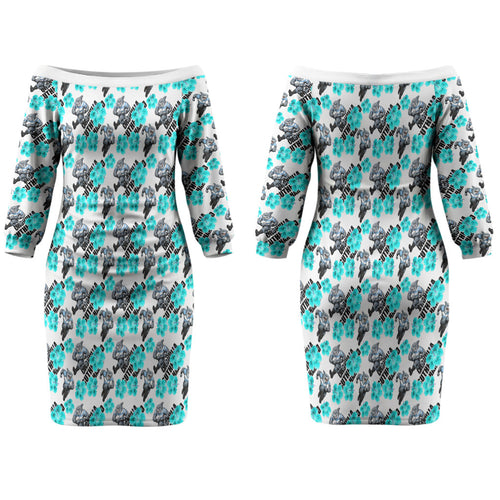 Cronulla-Sutherland Sharks Couples Matching Off The Shoulder Long Sleeve Dress and Hawaiian Shirt Tropical Hibiscus Floral Seamless Rugby Mascot