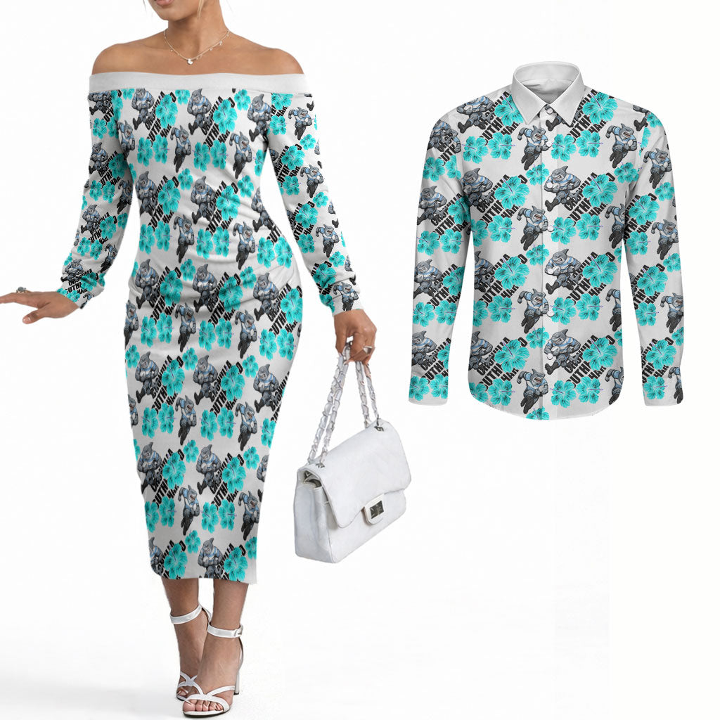 Cronulla-Sutherland Sharks Couples Matching Off The Shoulder Long Sleeve Dress and Long Sleeve Button Shirt Tropical Hibiscus Floral Seamless Rugby Mascot
