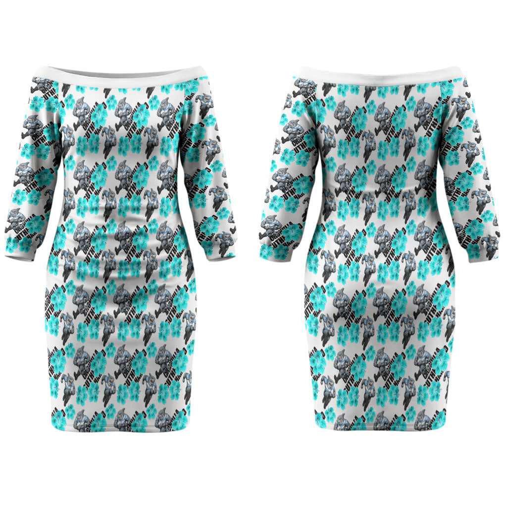 Cronulla-Sutherland Sharks Couples Matching Off The Shoulder Long Sleeve Dress and Long Sleeve Button Shirt Tropical Hibiscus Floral Seamless Rugby Mascot