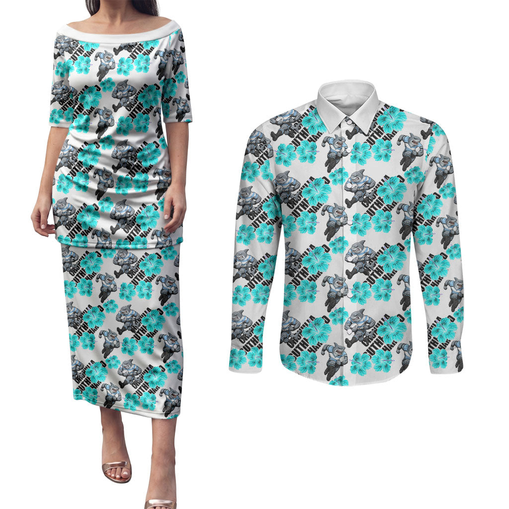Cronulla-Sutherland Sharks Couples Matching Puletasi and Long Sleeve Button Shirt Tropical Hibiscus Floral Seamless Rugby Mascot