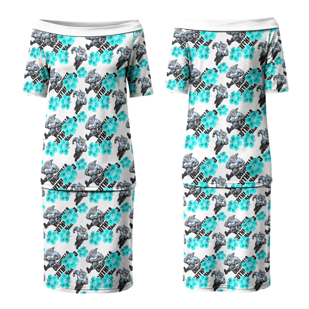 Cronulla-Sutherland Sharks Couples Matching Puletasi and Long Sleeve Button Shirt Tropical Hibiscus Floral Seamless Rugby Mascot
