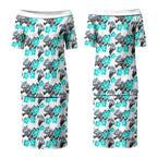 Cronulla-Sutherland Sharks Couples Matching Puletasi and Long Sleeve Button Shirt Tropical Hibiscus Floral Seamless Rugby Mascot