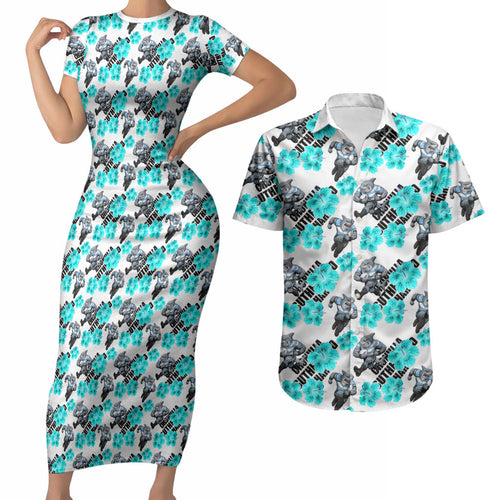 Cronulla-Sutherland Sharks Couples Matching Short Sleeve Bodycon Dress and Hawaiian Shirt Tropical Hibiscus Floral Seamless Rugby Mascot