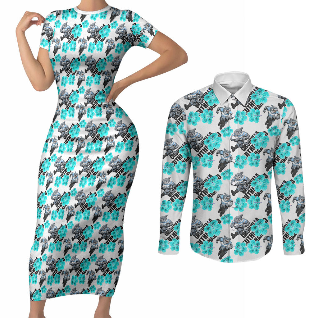 Cronulla-Sutherland Sharks Couples Matching Short Sleeve Bodycon Dress and Long Sleeve Button Shirt Tropical Hibiscus Floral Seamless Rugby Mascot
