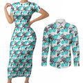 Cronulla-Sutherland Sharks Couples Matching Short Sleeve Bodycon Dress and Long Sleeve Button Shirt Tropical Hibiscus Floral Seamless Rugby Mascot