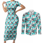 Cronulla-Sutherland Sharks Couples Matching Short Sleeve Bodycon Dress and Long Sleeve Button Shirt Tropical Hibiscus Floral Seamless Rugby Mascot