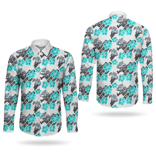 Cronulla-Sutherland Sharks Couples Matching Short Sleeve Bodycon Dress and Long Sleeve Button Shirt Tropical Hibiscus Floral Seamless Rugby Mascot