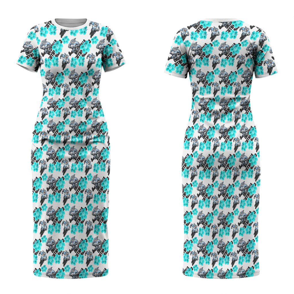 Cronulla-Sutherland Sharks Couples Matching Short Sleeve Bodycon Dress and Long Sleeve Button Shirt Tropical Hibiscus Floral Seamless Rugby Mascot