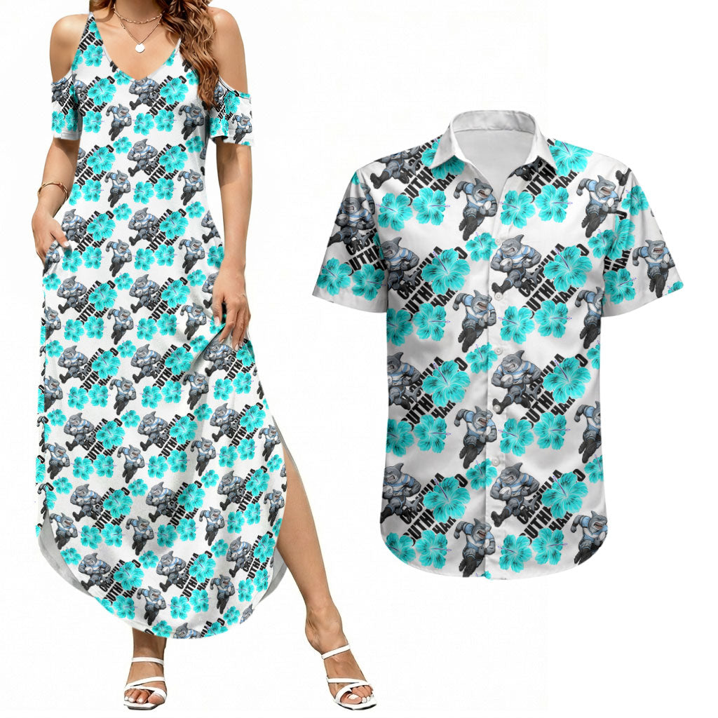 Cronulla-Sutherland Sharks Couples Matching Summer Maxi Dress and Hawaiian Shirt Tropical Hibiscus Floral Seamless Rugby Mascot