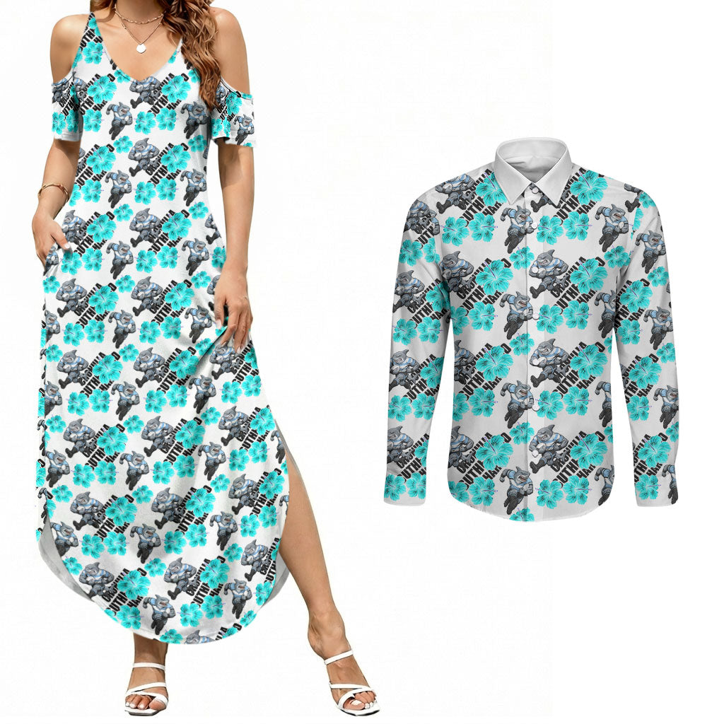 Cronulla-Sutherland Sharks Couples Matching Summer Maxi Dress and Long Sleeve Button Shirt Tropical Hibiscus Floral Seamless Rugby Mascot