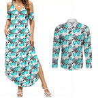 Cronulla-Sutherland Sharks Couples Matching Summer Maxi Dress and Long Sleeve Button Shirt Tropical Hibiscus Floral Seamless Rugby Mascot
