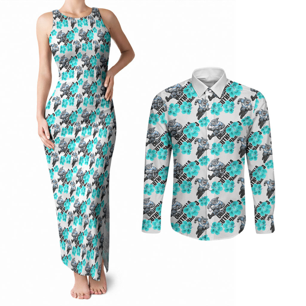 Cronulla-Sutherland Sharks Couples Matching Tank Maxi Dress and Long Sleeve Button Shirt Tropical Hibiscus Floral Seamless Rugby Mascot