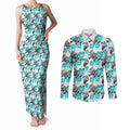 Cronulla-Sutherland Sharks Couples Matching Tank Maxi Dress and Long Sleeve Button Shirt Tropical Hibiscus Floral Seamless Rugby Mascot