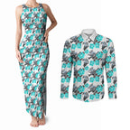 Cronulla-Sutherland Sharks Couples Matching Tank Maxi Dress and Long Sleeve Button Shirt Tropical Hibiscus Floral Seamless Rugby Mascot