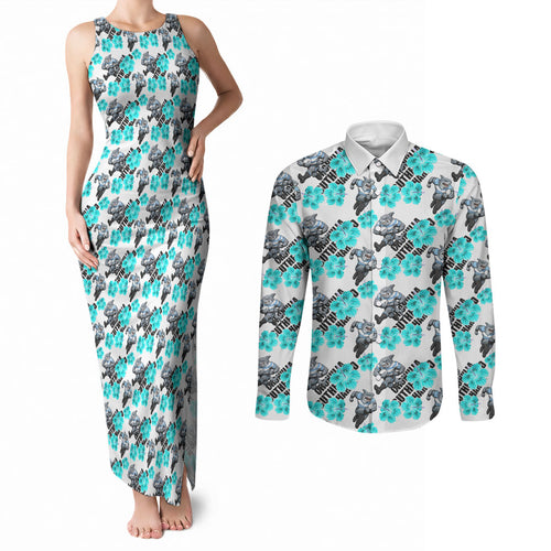 Cronulla-Sutherland Sharks Couples Matching Tank Maxi Dress and Long Sleeve Button Shirt Tropical Hibiscus Floral Seamless Rugby Mascot