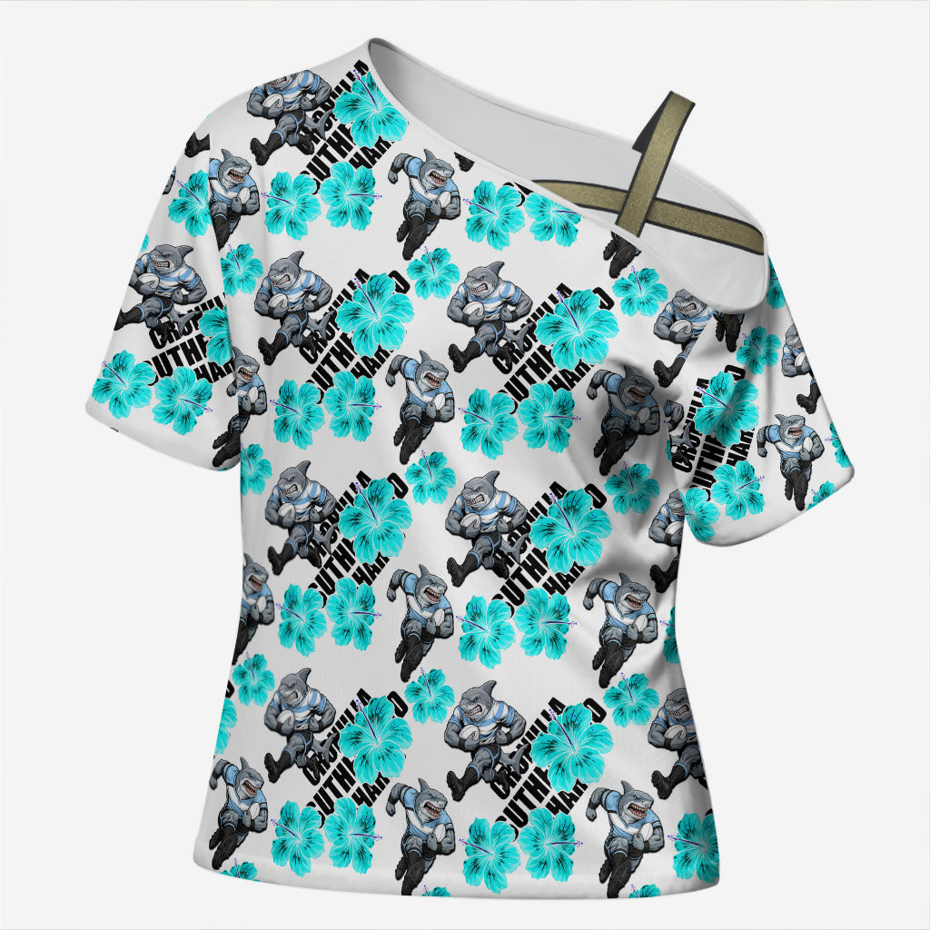 Cronulla-Sutherland Sharks Cross Shoulder Shirt Tropical Hibiscus Floral Seamless Rugby Mascot
