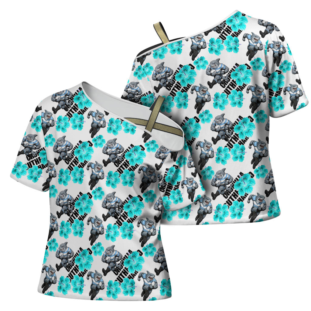 Cronulla-Sutherland Sharks Cross Shoulder Shirt Tropical Hibiscus Floral Seamless Rugby Mascot