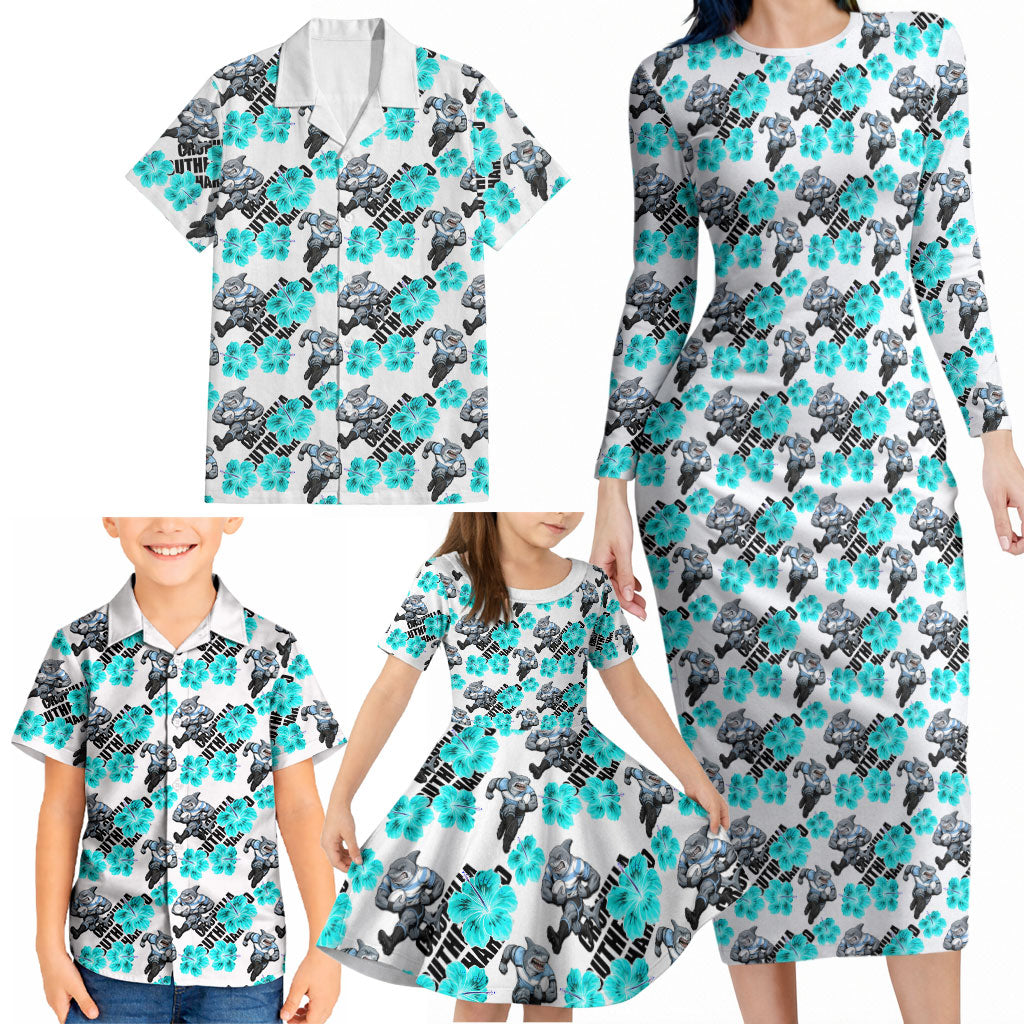 Cronulla-Sutherland Sharks Family Matching Long Sleeve Bodycon Dress and Hawaiian Shirt Tropical Hibiscus Floral Seamless Rugby Mascot