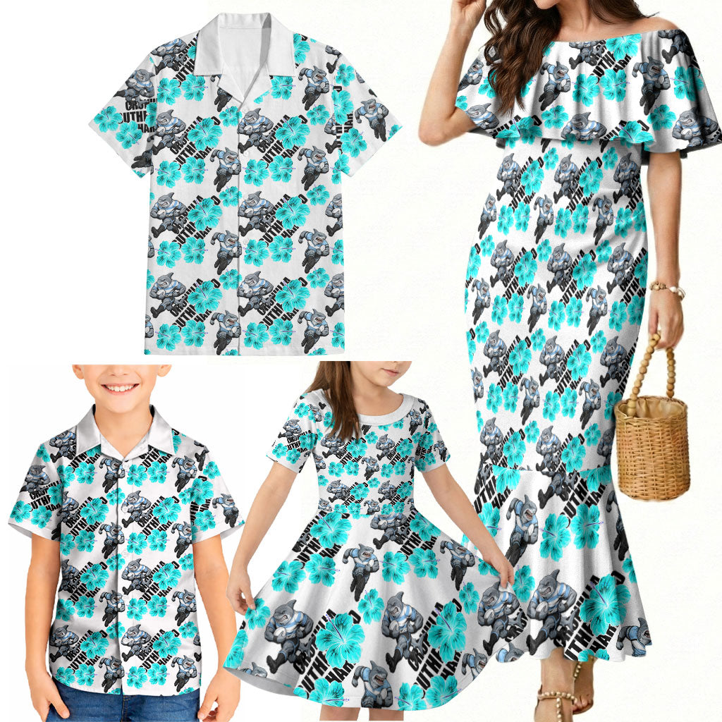 Cronulla-Sutherland Sharks Family Matching Mermaid Dress and Hawaiian Shirt Tropical Hibiscus Floral Seamless Rugby Mascot