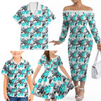 Cronulla-Sutherland Sharks Family Matching Off The Shoulder Long Sleeve Dress and Hawaiian Shirt Tropical Hibiscus Floral Seamless Rugby Mascot