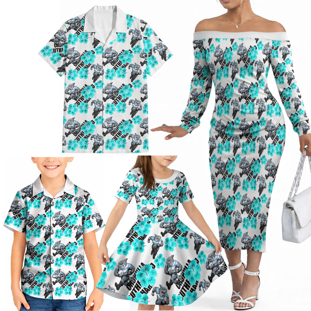 Cronulla-Sutherland Sharks Family Matching Off The Shoulder Long Sleeve Dress and Hawaiian Shirt Tropical Hibiscus Floral Seamless Rugby Mascot