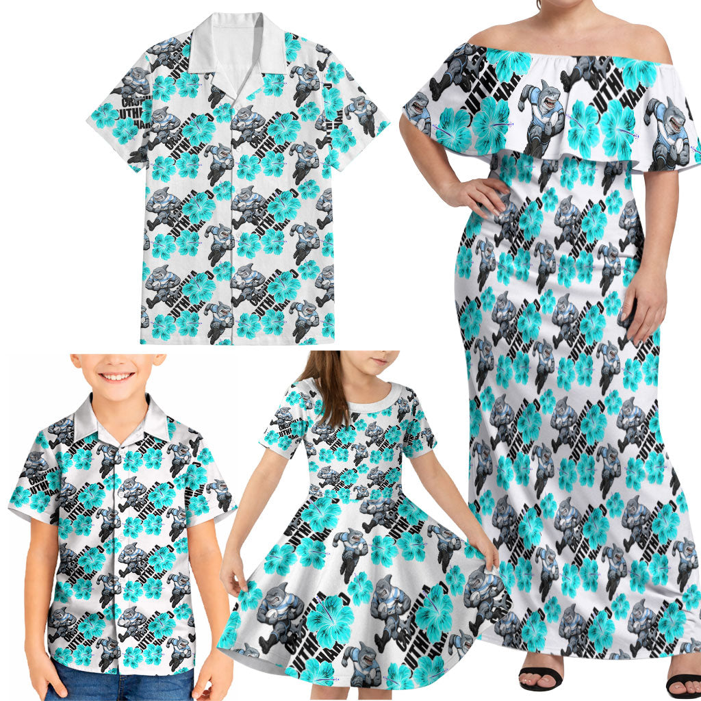 Cronulla-Sutherland Sharks Family Matching Off Shoulder Maxi Dress and Hawaiian Shirt Tropical Hibiscus Floral Seamless Rugby Mascot