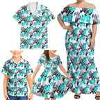 Cronulla-Sutherland Sharks Family Matching Off Shoulder Maxi Dress and Hawaiian Shirt Tropical Hibiscus Floral Seamless Rugby Mascot