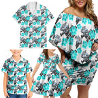 Cronulla-Sutherland Sharks Family Matching Off Shoulder Short Dress and Hawaiian Shirt Tropical Hibiscus Floral Seamless Rugby Mascot