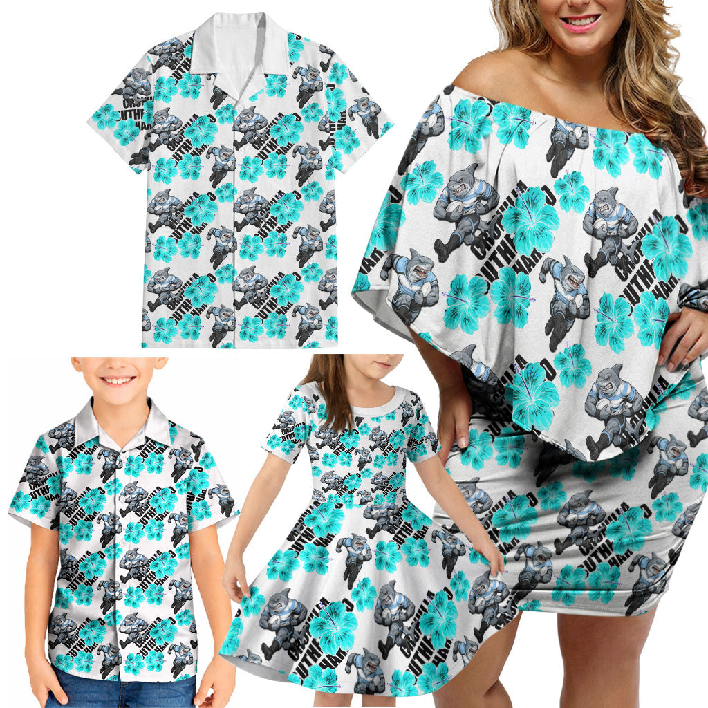 Cronulla-Sutherland Sharks Family Matching Off Shoulder Short Dress and Hawaiian Shirt Tropical Hibiscus Floral Seamless Rugby Mascot