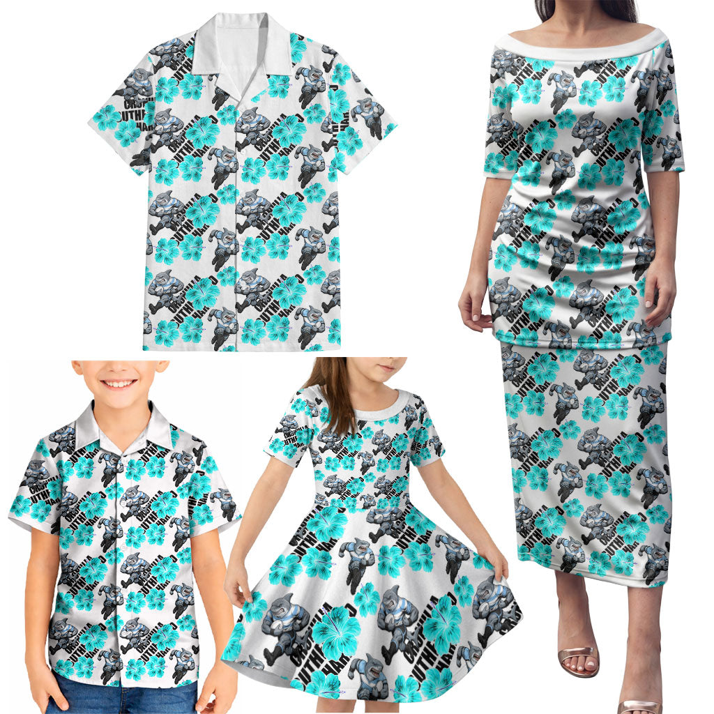 Cronulla-Sutherland Sharks Family Matching Puletasi and Hawaiian Shirt Tropical Hibiscus Floral Seamless Rugby Mascot