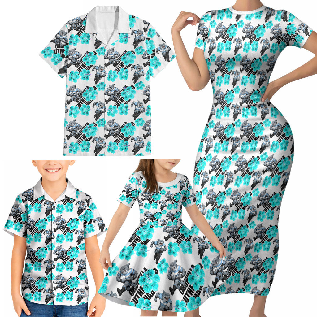 Cronulla-Sutherland Sharks Family Matching Short Sleeve Bodycon Dress and Hawaiian Shirt Tropical Hibiscus Floral Seamless Rugby Mascot