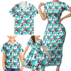 Cronulla-Sutherland Sharks Family Matching Short Sleeve Bodycon Dress and Hawaiian Shirt Tropical Hibiscus Floral Seamless Rugby Mascot